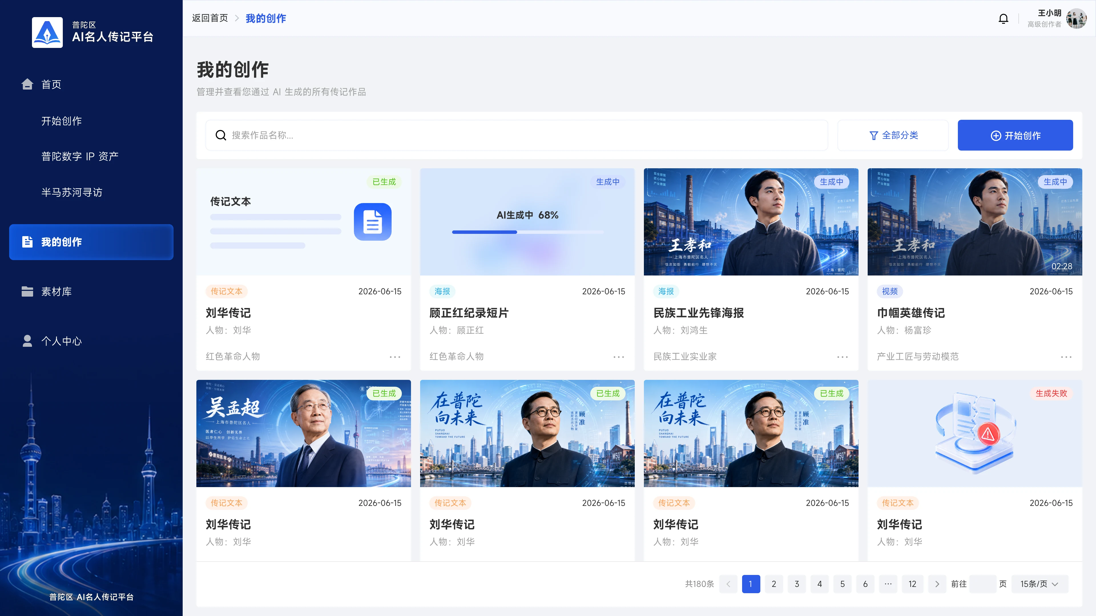 AI 名人传记平台-我的创作-不同状态